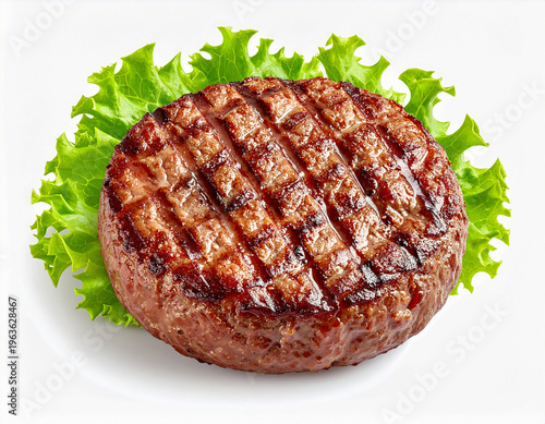 고기-패티-그릴 햄버거 패티-함바그-그릴 자국-그릴 격자 무늬-햄버거 패티-떡갈비-함박 스테이크-육즙-야채-상추-양상추-상추 위 햄버거 패티-흰색 배경