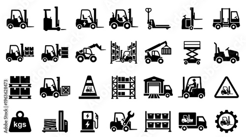 Collection of forklift icons and symbols representing logistics warehousing material handling and industrial operations