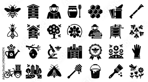 Collection of beekeeping and honey production icons representing bees hives apiary equipment and related activities in a stylized graphic format