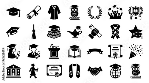 Collection of graduation symbols and icons representing academic achievement education and success in a modern graphic style