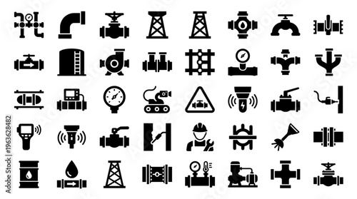 Collection of industrial pipeline and oil gas industry icons representing infrastructure equipment and engineering processes