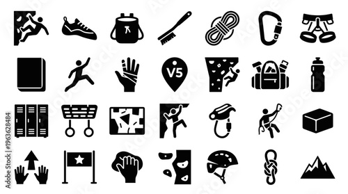 Collection of climbing icons and symbols representing outdoor adventure and extreme sports activities including gear, equipment, and actions