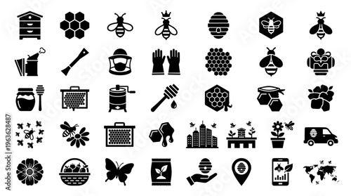 Collection of bee and beekeeping icons and symbols representing honey production apiary management and nature conservation