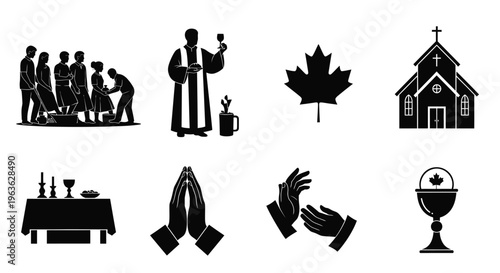 Religious icons and symbols including communion prayer and a canadian maple leaf