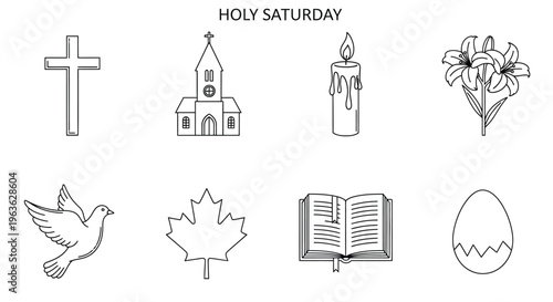 Holy saturday illustration featuring religious symbols and spring elements in black and white