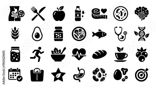 Healthy lifestyle icons representing nutrition fitness and wellness with medical and scientific elements