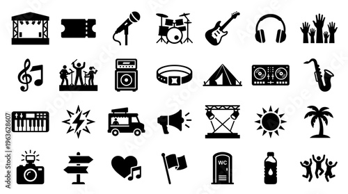 Collection of music festival icons and symbols representing live performance entertainment and outdoor event elements