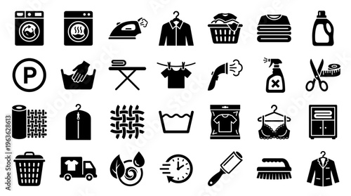 Collection of laundry and dry cleaning service icons representing washing drying ironing and garment care symbols for household chores and professional cleaning businesses