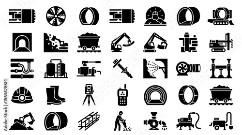 Collection of construction and mining industry icons representing heavy machinery, safety equipment, and infrastructure elements for engineering and building projects