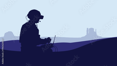 Military drone operator silhouette in desert landscape, soldier using remote control laptop, tactical surveillance vector illustration