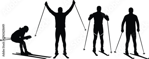 Silhouettes of skiers in various poses including downhill racing and cross country skiing for winter sports competition and outdoor mountain recreation.