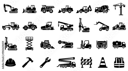 Collection of construction and heavy machinery icons and symbols representing building industry equipment and tools for engineering and development projects