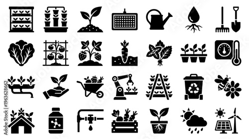 Modern farming icons collection representing agriculture technology and sustainable food production with plants and equipment