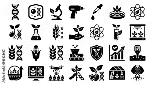 Modern agriculture technology icons representing innovation in farming and biotechnology research for sustainable food production