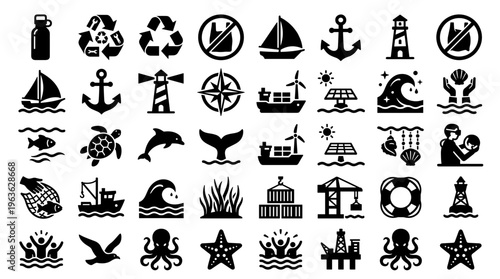 Collection of environmental and marine conservation icons including recycling symbols, renewable energy, marine life, and maritime transport