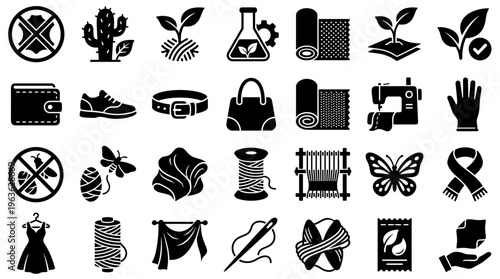 Sustainable fashion and eco friendly materials icons set for textile industry and apparel design concepts