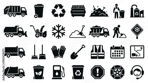 Collection of icons representing waste management services snow removal and public works operations including trucks equipment and personnel