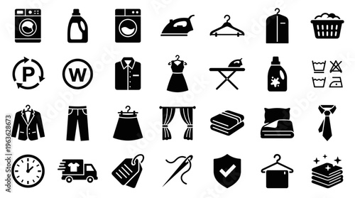 Collection of laundry and dry cleaning service icons representing washing ironing and garment care for professional cleaning businesses and home laundry needs