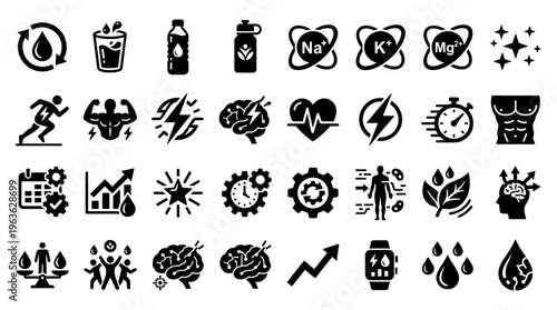 Collection of Icons Representing Health Fitness Brain Power Hydration And Performance Metrics For Sports And Wellness