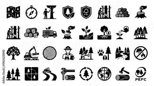 Forestry and sustainable wood industry icons representing conservation, logging, planting, and environmental protection concepts