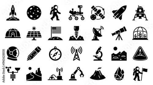 Collection of space exploration and science icons including rockets astronauts planets and scientific equipment