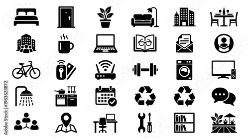 Collection of modern flat icons representing home living, business, technology, and lifestyle elements for web and app design