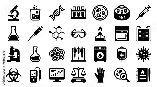 Collection of scientific laboratory equipment and symbols representing research innovation and medical discovery