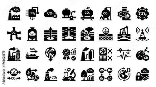 Carbon Capture and Storage Technology Icons Representing Environmental Sustainability and Industrial Processes