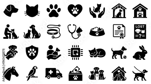 Collection of pet care and animal services icons including veterinary symbols, animal shelters, and pet adoption concepts