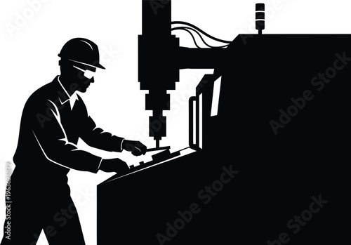 Vector factory worker silhouette operating heavy machinery