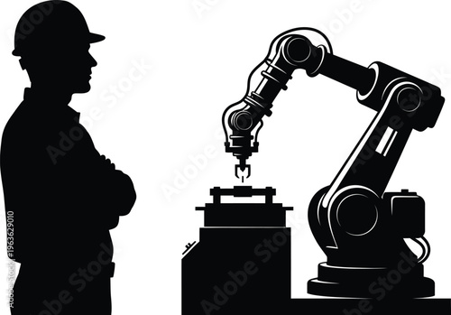Vector silhouette of a factory worker standing next to a robotic arm