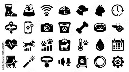 Collection of dog and cat care icons representing services like grooming, health, training, and pet supplies for modern pet owners