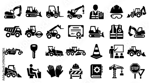 Collection of construction and industrial equipment icons and symbols representing heavy machinery safety and building industry professions