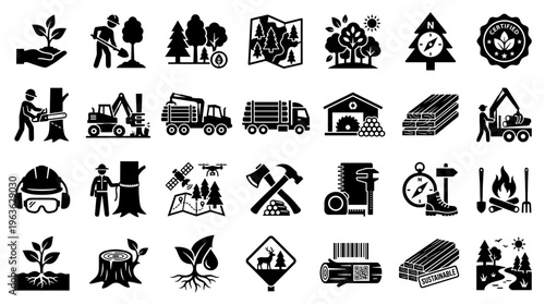 Forestry and logging industry icons representing sustainable forest management, logging operations, and wood processing with ecological balance themes