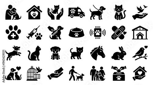 Collection of diverse pet care and animal welfare icons representing veterinary services adoption and love for animals