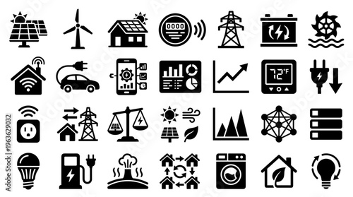 Smart home technology and renewable energy icons representing sustainable living and technological innovation