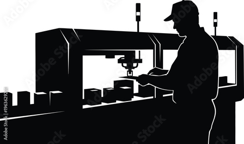 Vector silhouette of a factory worker operating industrial machinery