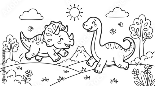 Two friendly dinosaurs standing together outdoors.