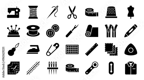 Collection of sewing and tailoring tools and accessories for garment making and fashion design