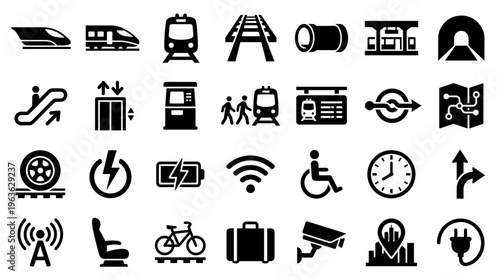 Collection of modern transportation and travel icons representing public transit services and passenger amenities