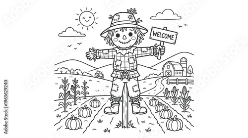 Scarecrow standing in a field smiling.