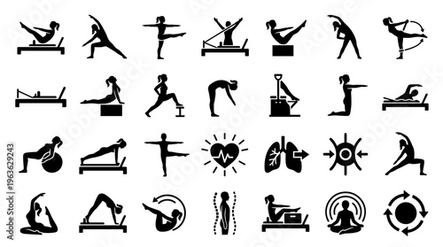 Pilates exercises and health symbols collection silhouette icons for fitness and wellness concepts