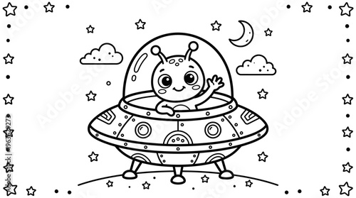Cartoon Alien in Space Ship.