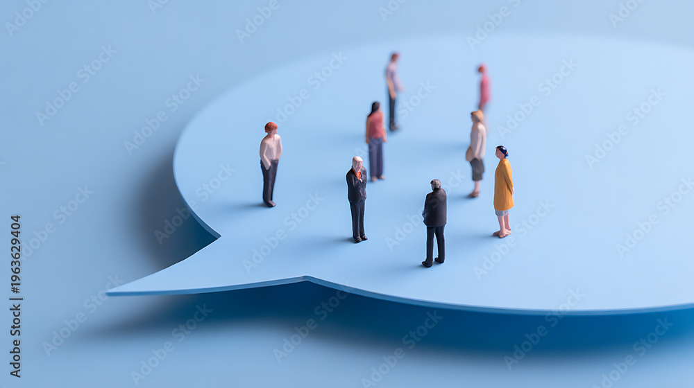 Obraz premium Diverse Miniature People Figures Gather on a Large Blue Chat Bubble, Symbolizing Communication, Discussion, and Social Interaction Network