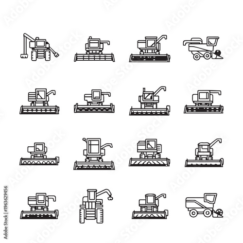 Agricultural Harvester IconsDiverse Farm Machinery Line Art Set