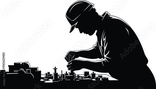 Vector silhouette of a factory worker at work industrial scene