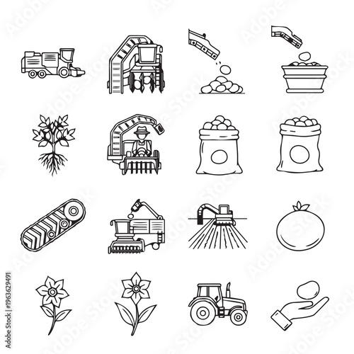Agricultural Harvesting and Processing Icons: Planting Farming Machinery and Crop CollectionLine Art Style