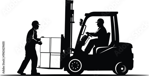 Vector factory worker silhouette operating forklift with colleague