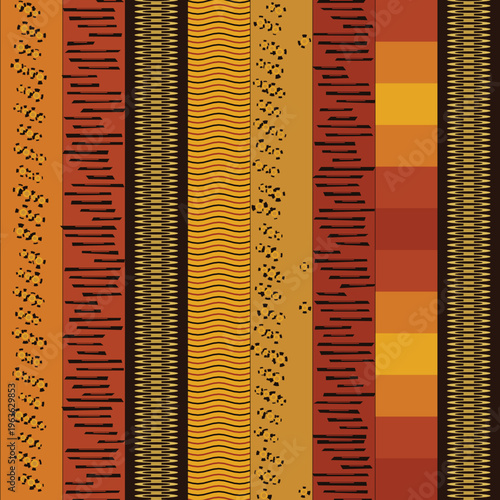 Seamless ethnic tribal pattern featuring bold vertical stripes in warm earthy brown, orange, gold, and black colors. Ideal for bohemian textile design, fabric, wallpaper, backgrounds.