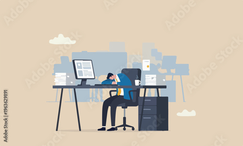 Quiet quitting boredom, exhaustion or burn out from hard work without recognition concept, unhappy businessman sleeping while working at busy workplace